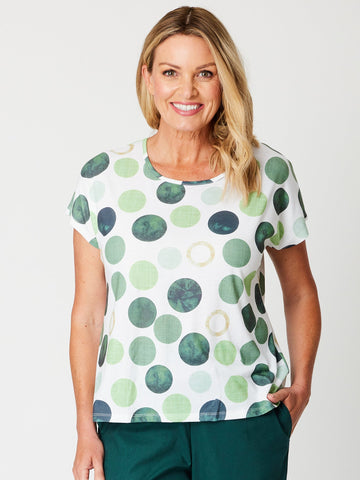 Spotty Dotty Cap Sleeve Top - White/Green - 31640 - Clothes for Senior & Elderly Women