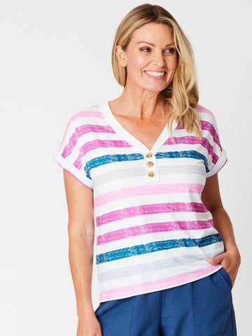 3 Button Stripe Tee - Pink - 31642 - Clothes for Senior & Elderly Women