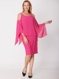 Chiffon Cold Shoulder Dress-- Fushia- 31705