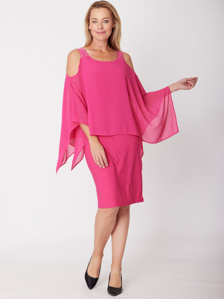 Chiffon Cold Shoulder Dress-- Fushia- 31705