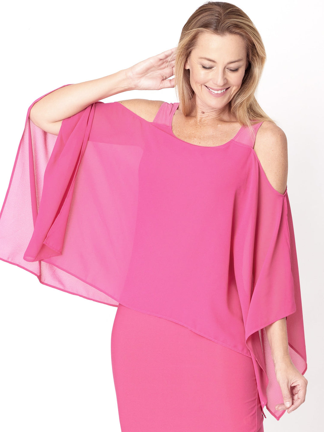 Chiffon Cold Shoulder Dress-- Fushia- 31705