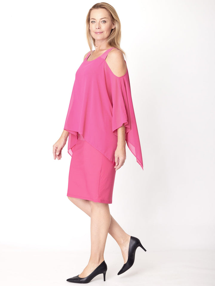 Chiffon Cold Shoulder Dress-- Fushia- 31705