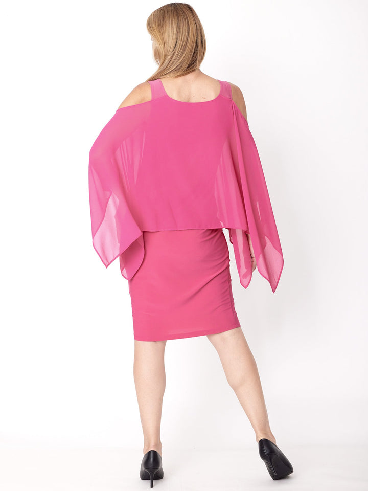 Chiffon Cold Shoulder Dress-- Fushia- 31705