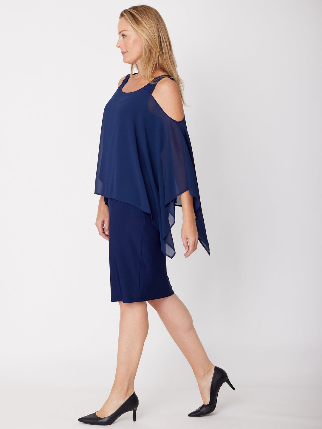 Chiffon Cold Shoulder Dress-- Navy - 31705