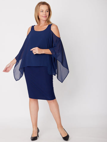 Chiffon Cold Shoulder Dress-- Navy - 31705 - 