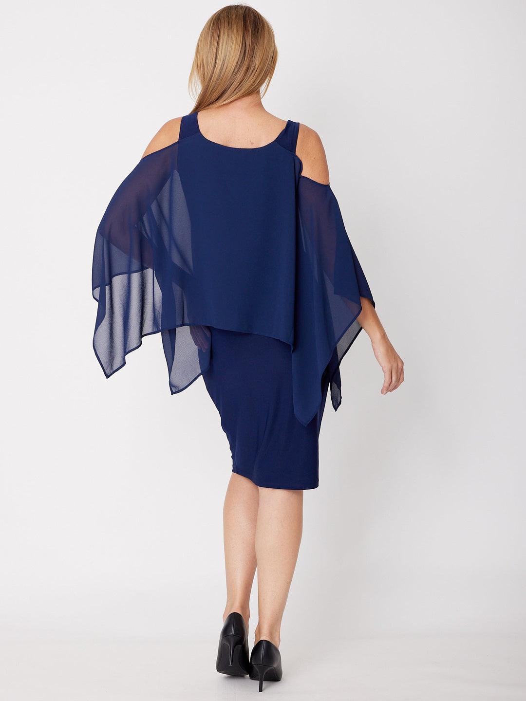 Chiffon Cold Shoulder Dress-- Navy - 31705