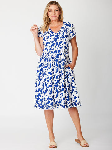 Rufflina Print Cotton Linen Dress -  Royal/White - 31706 - Spring/Summer