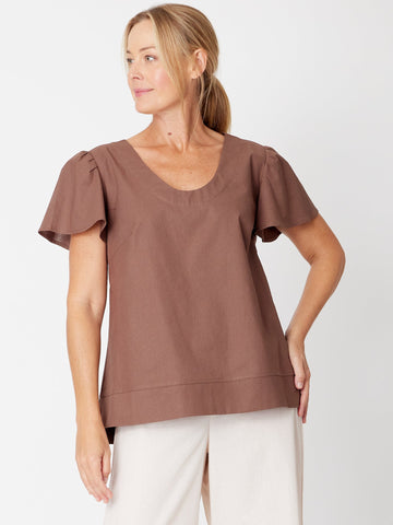 Luna Linen Flutter Top - Choc - 31743 - Spring/Summer