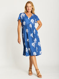 Flounce Jersey Dress-- Blue Floral- 31776