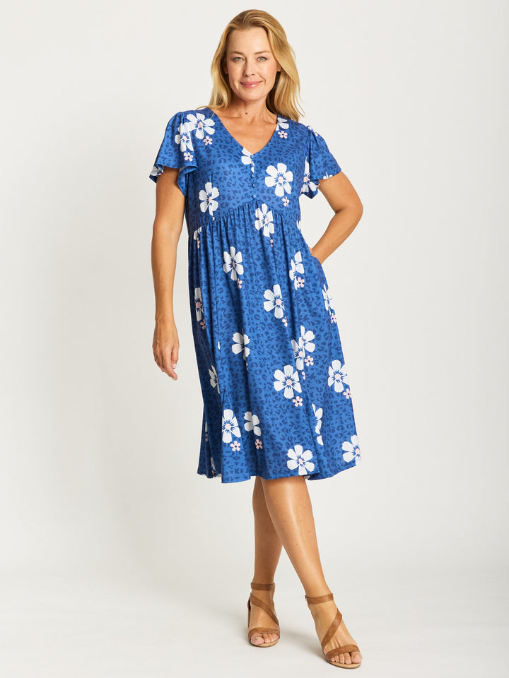 Flounce Jersey Dress-- Blue Floral- 31776