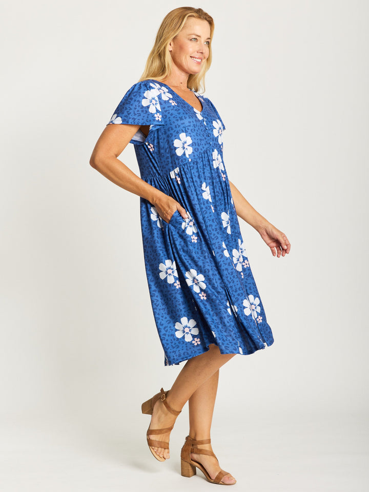 Flounce Jersey Dress-- Blue Floral- 31776