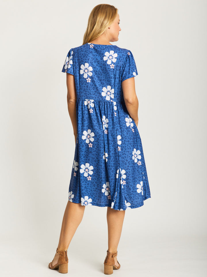 Flounce Jersey Dress-- Blue Floral- 31776
