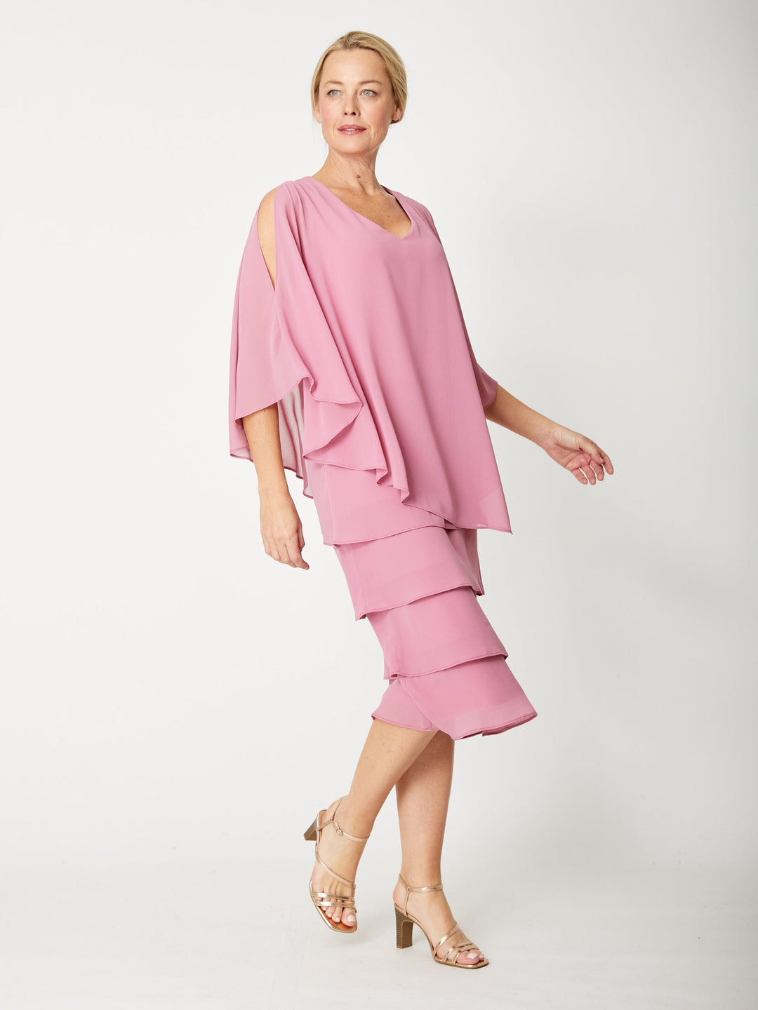 Tiered Cape Dress - Dusty Pink - 31793