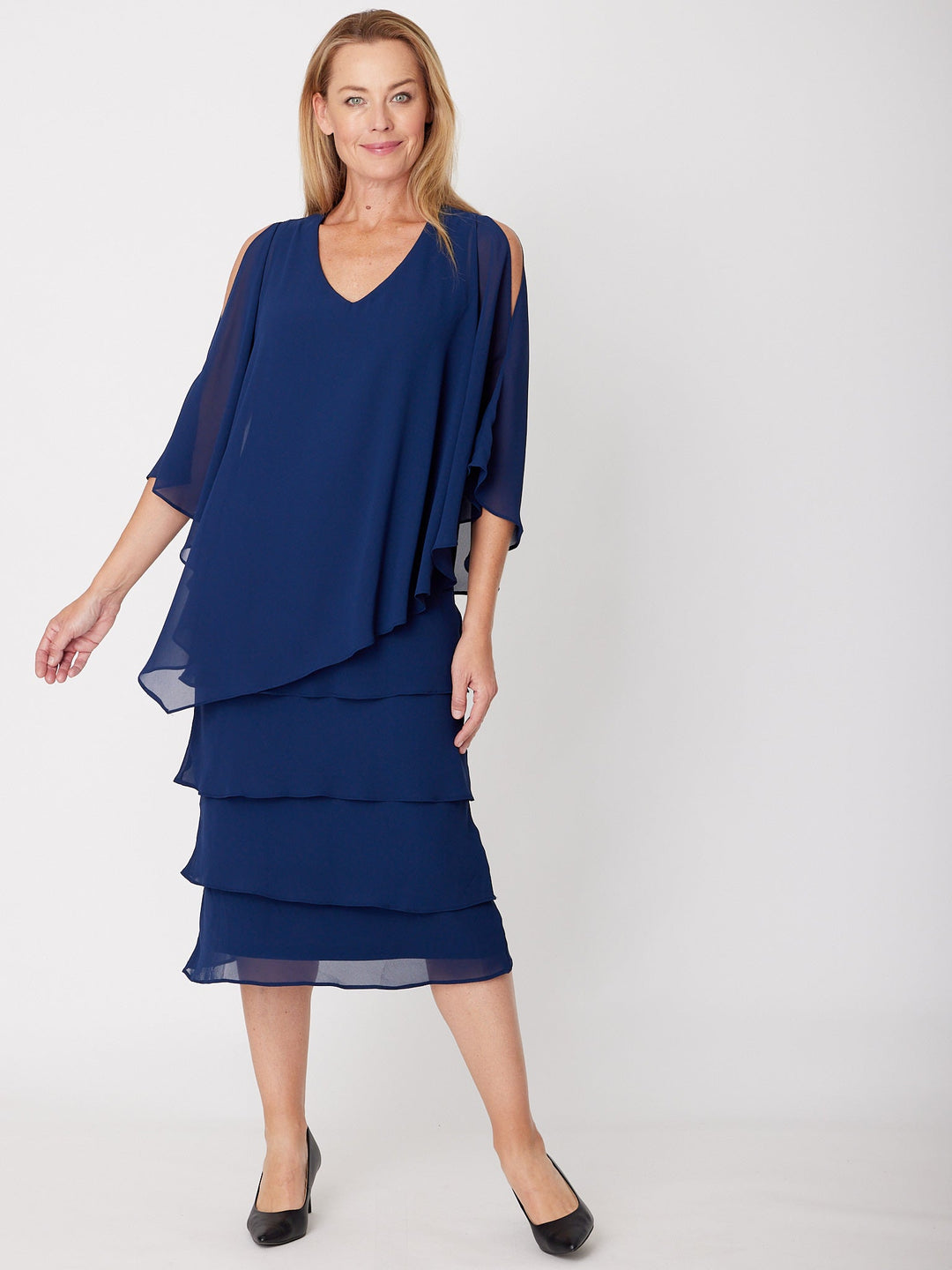 Tiered Cape Dress - Navy - 31793