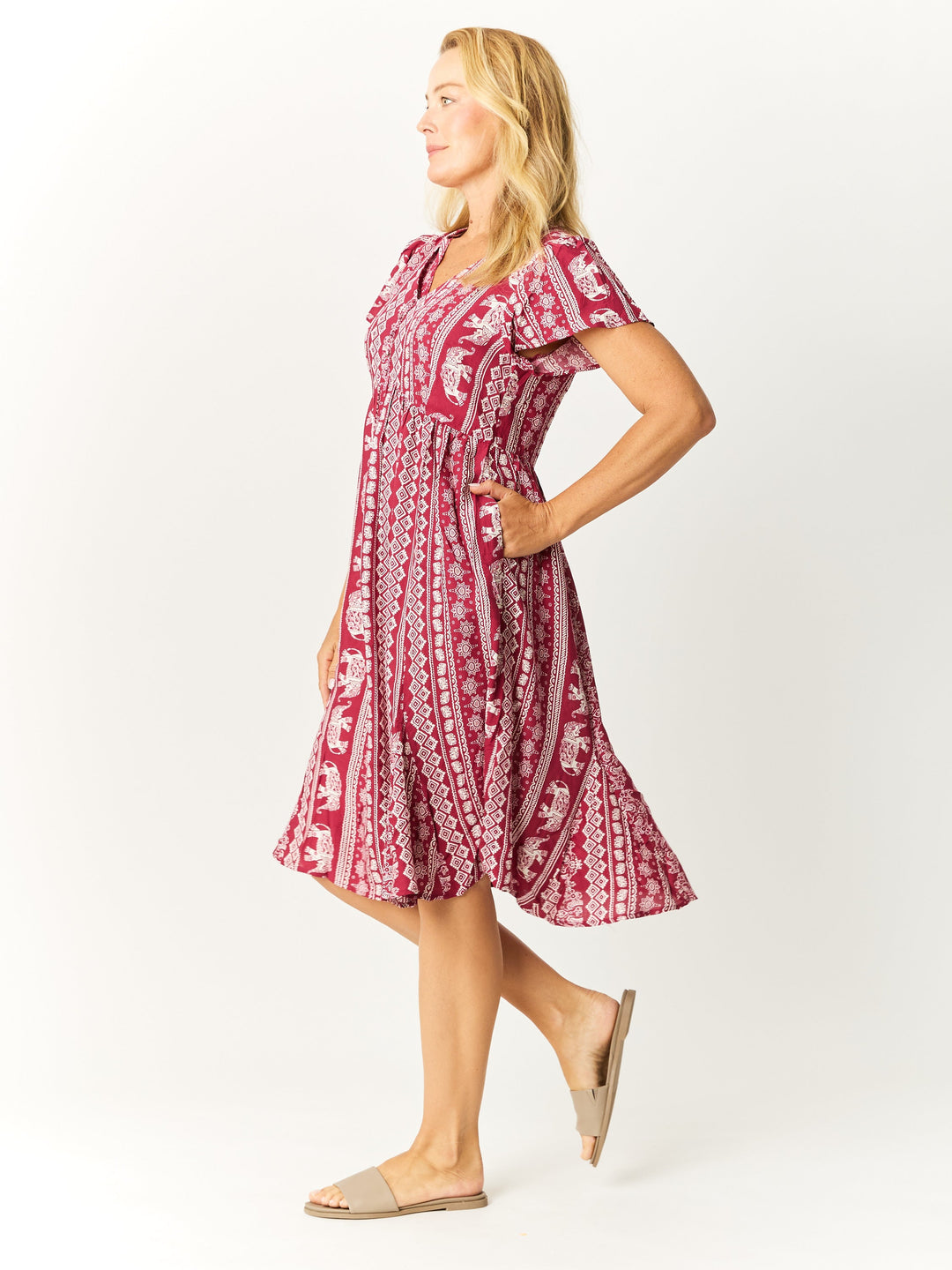 Flounce Rayon Dress - Berry - 31990