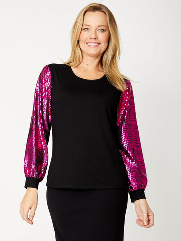 Shimmer Puff Sleeve Bamboo top - Hotpink -31936 - Autumn/Winter