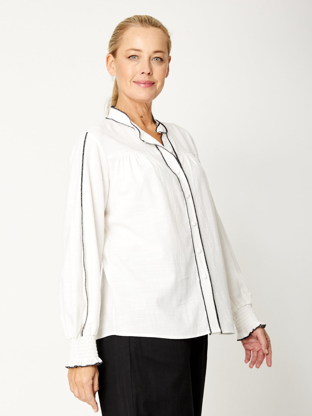 Wafa Cuff Sleeve Shirt - White/Black - 31897