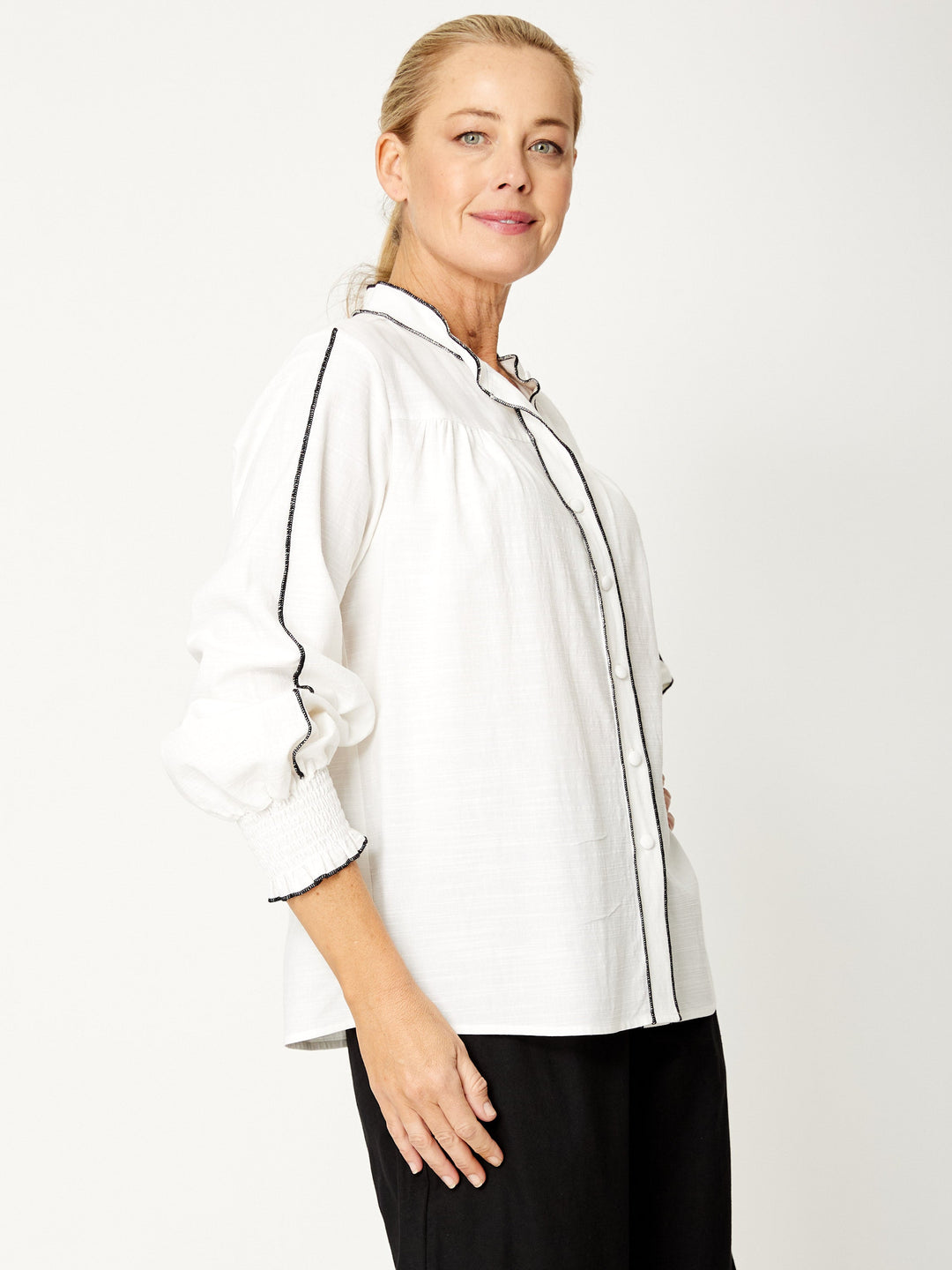Wafa Cuff Sleeve Shirt - White/Black - 31897