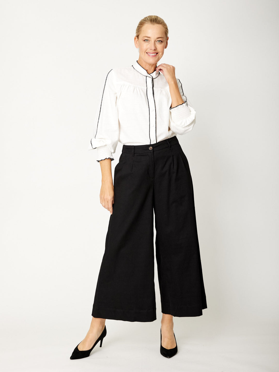 Wafa Cuff Sleeve Shirt - White/Black - 31897