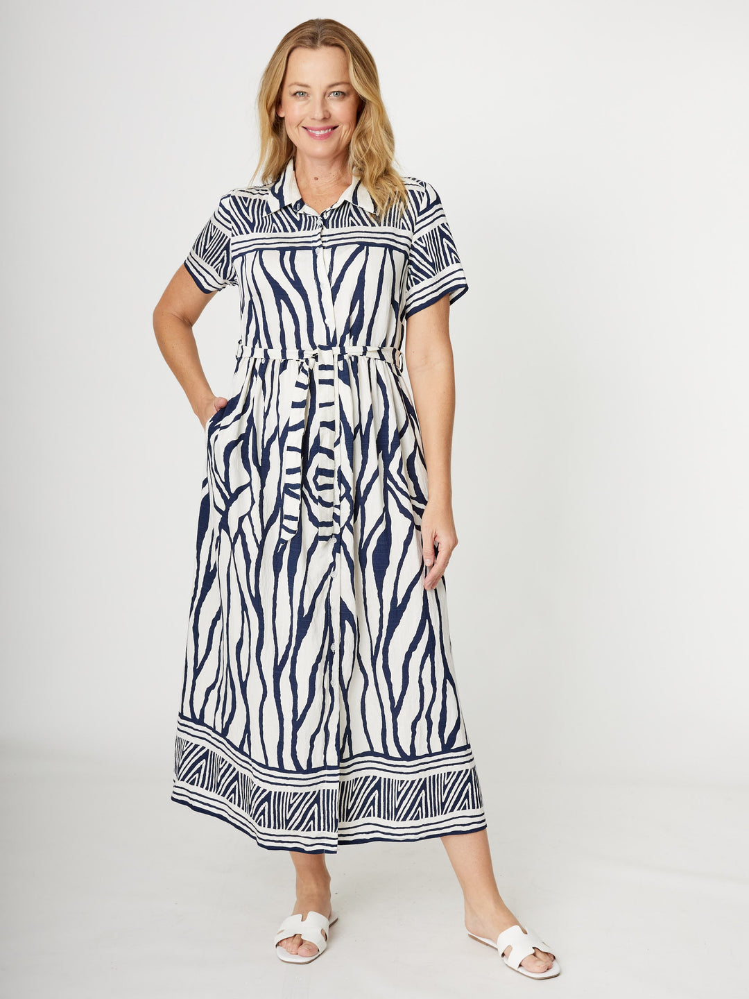 Border Shirt Maker Dress - Navy - 31970