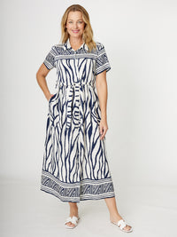 Border Shirt Maker Dress - Navy - 31970