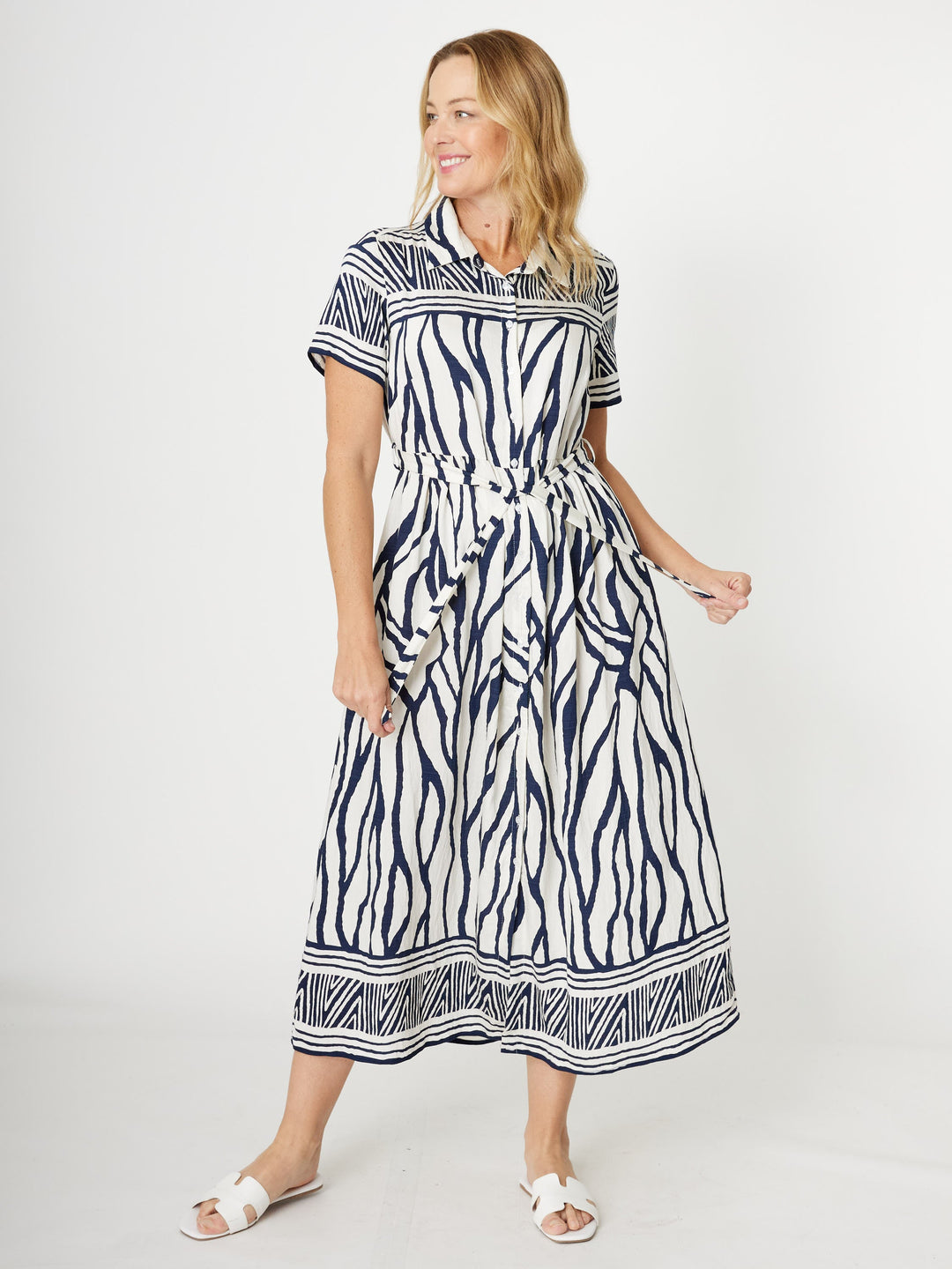 Border Shirt Maker Dress - Navy - 31970