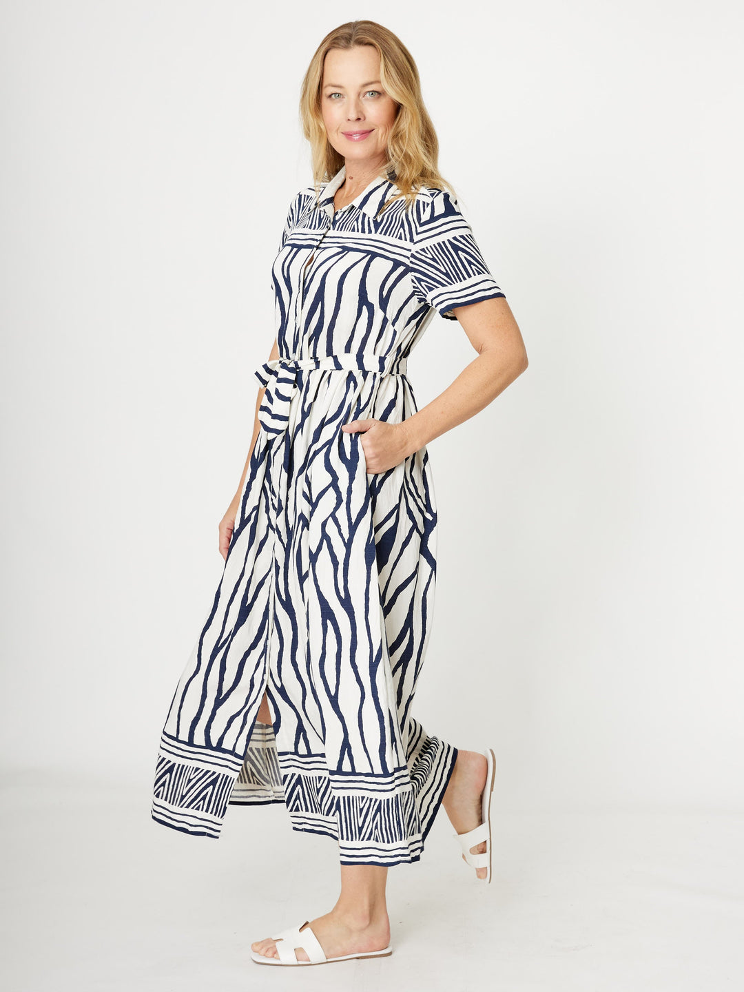 Border Shirt Maker Dress - Navy - 31970
