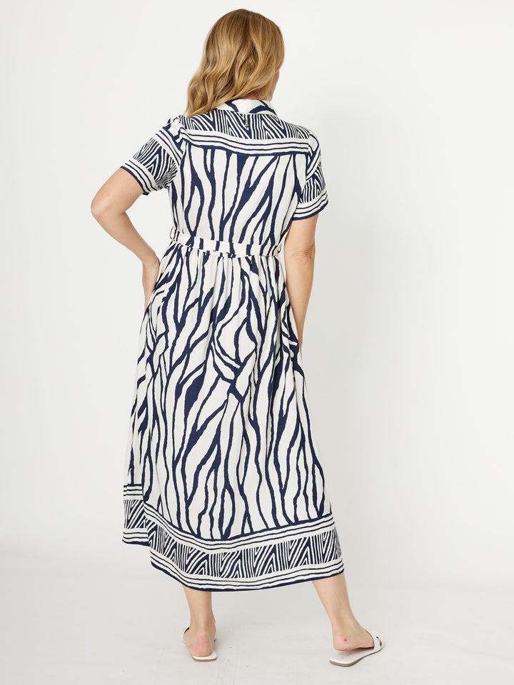 Border Shirt Maker Dress - Navy - 31970