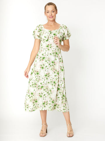 Puff Sleeve Rayon Dress- Green - 31976 - 