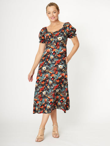 Puff Sleeve Rayon Dress- Red - 31976 - 