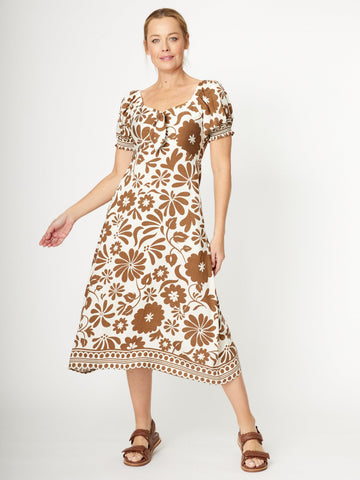 Puff Sleeve Border Dress- Coffee- 31977 - 