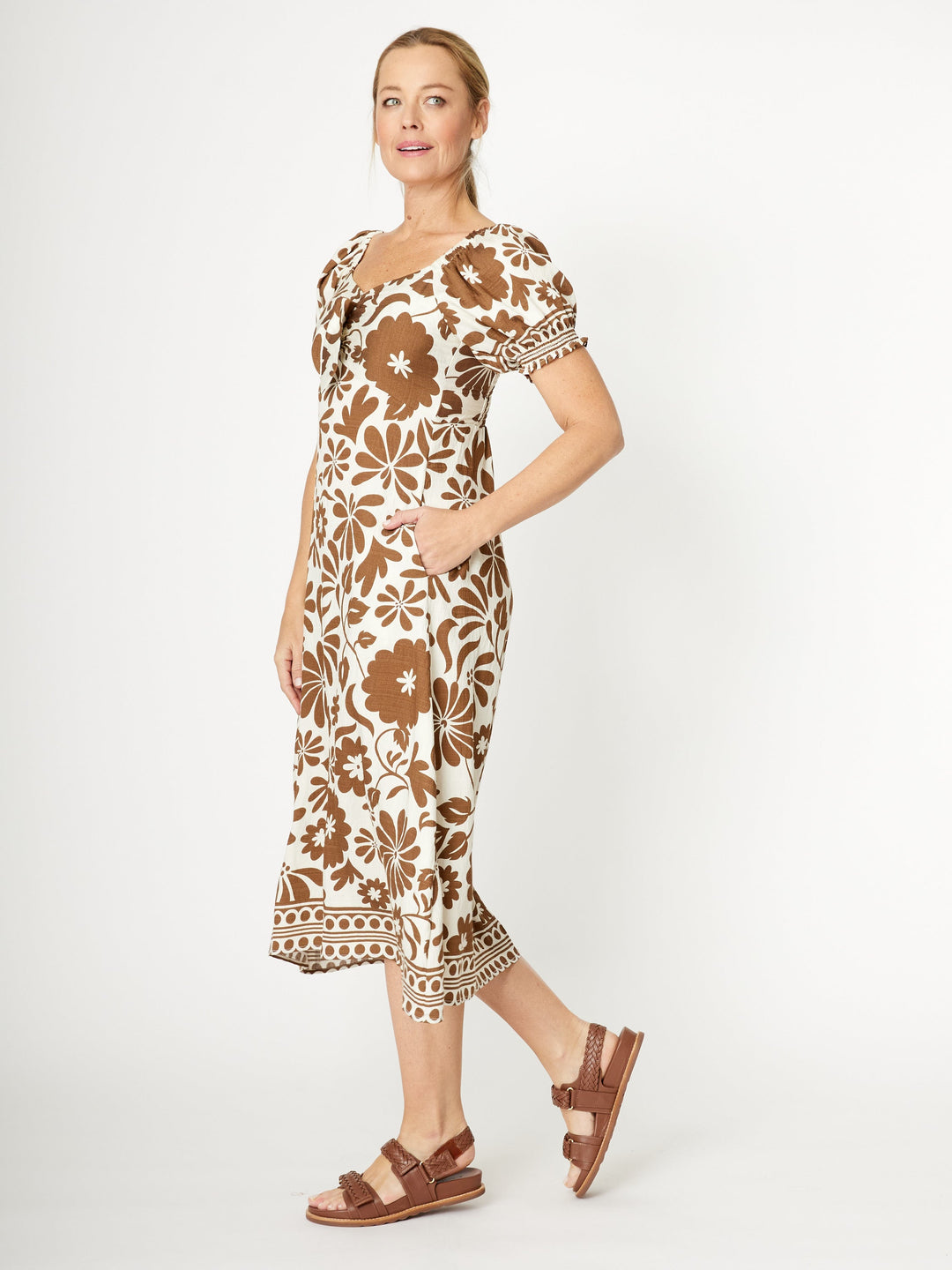 Puff Sleeve Border Dress- Coffee- 31977