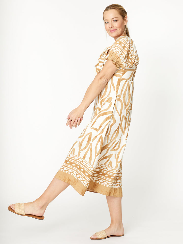 Puff Sleeve Border Dress- Sand - 31977