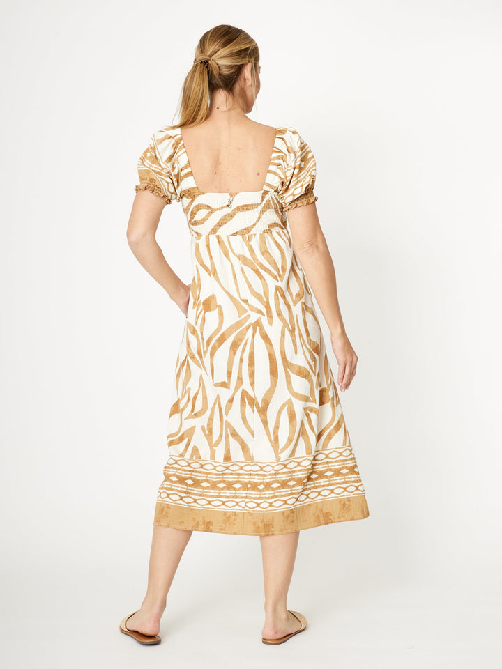 Puff Sleeve Border Dress- Sand - 31977