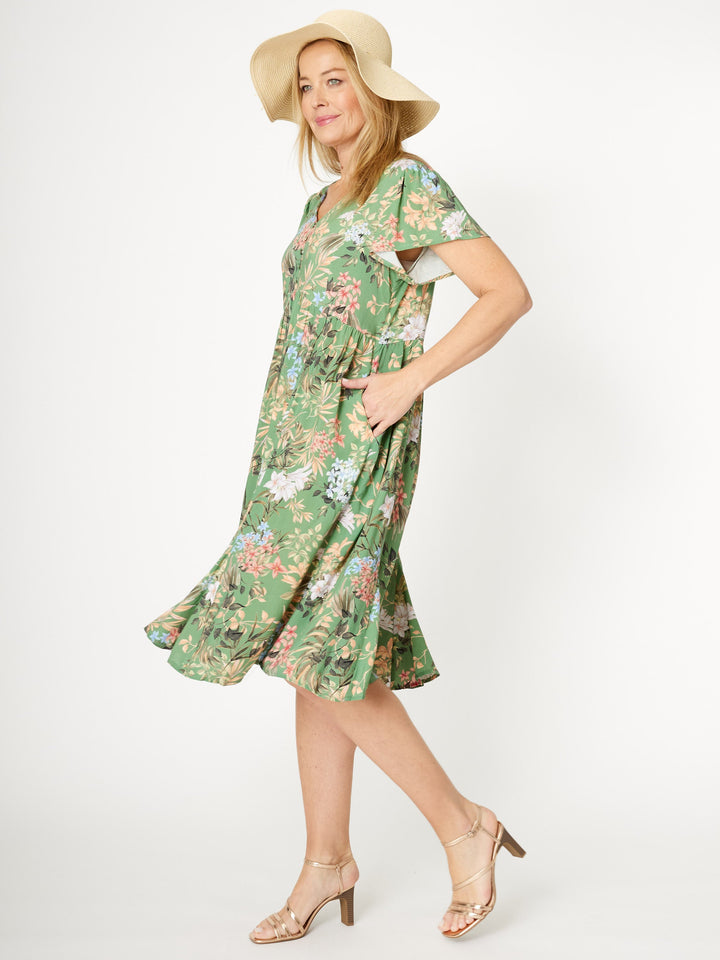 Flounce Rayon Dress -Green- 31990