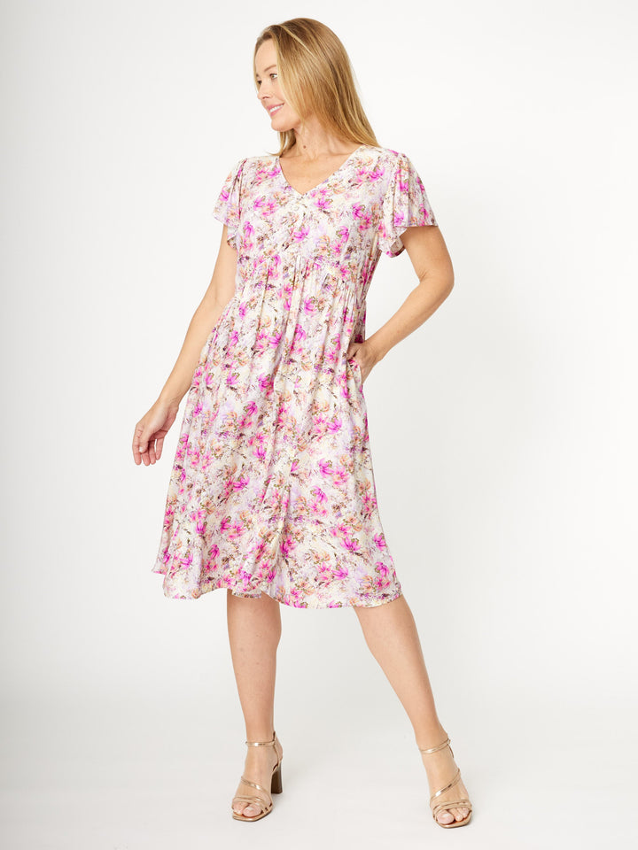 Flounce Rayon Dress -  Pink/Multi - 31990