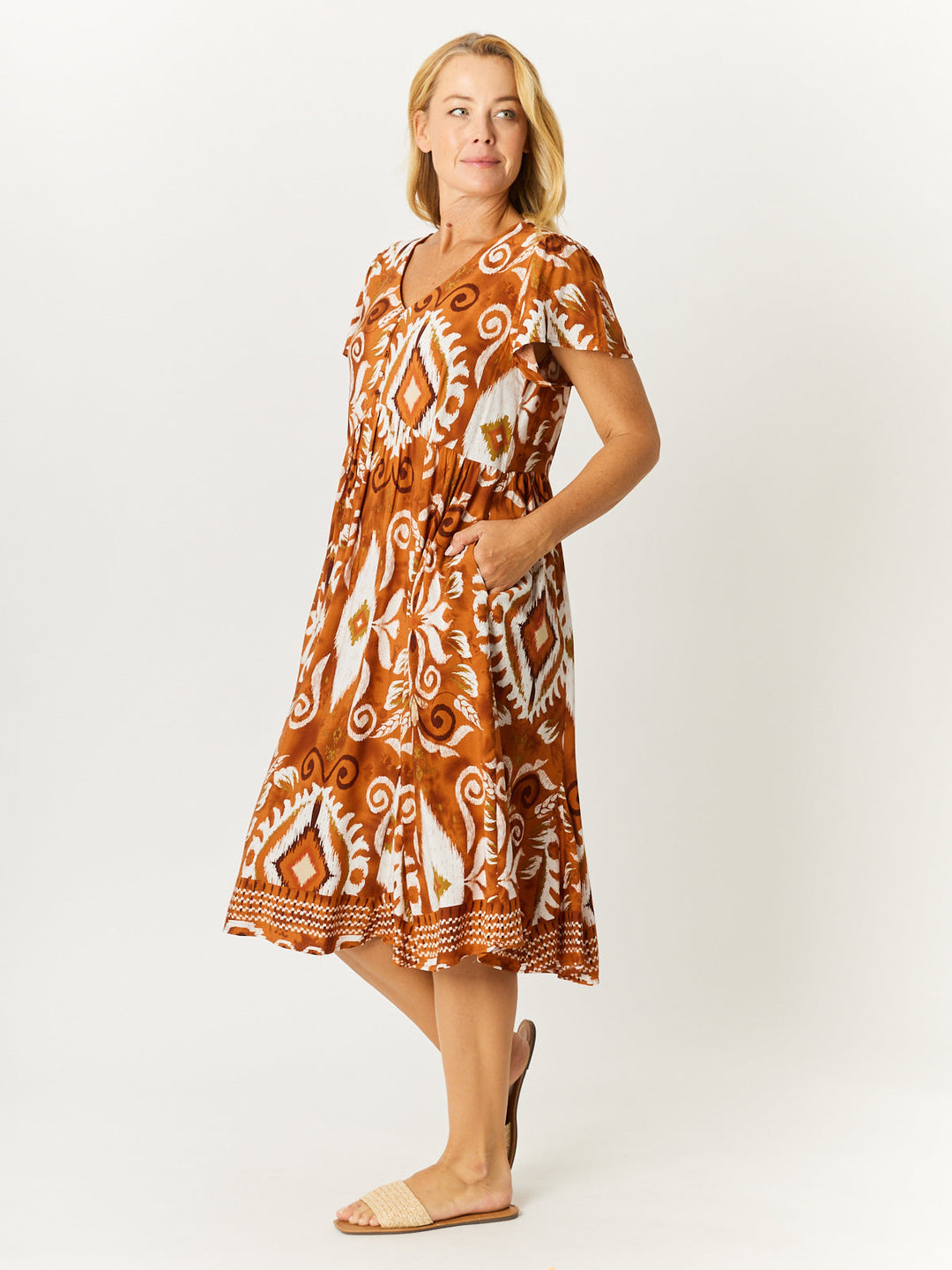 Flounce Rayon Dress - Toffee- 31990