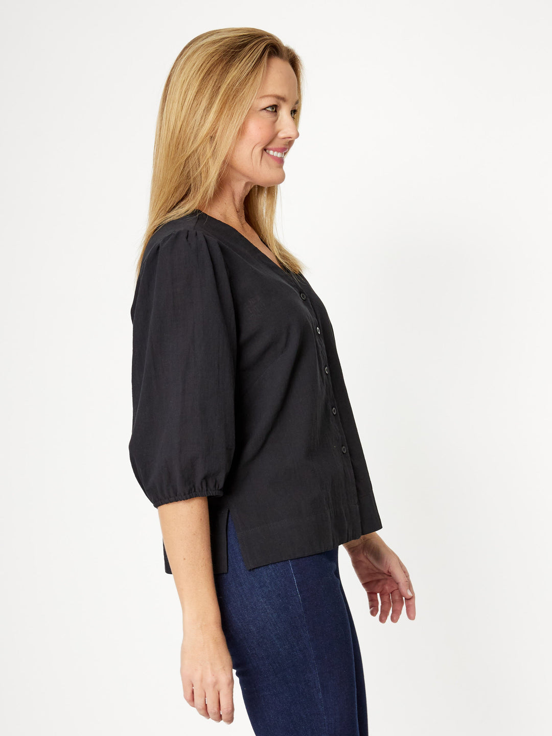 Cotton Balloon Sleeve V Shirt-- Black - 31993