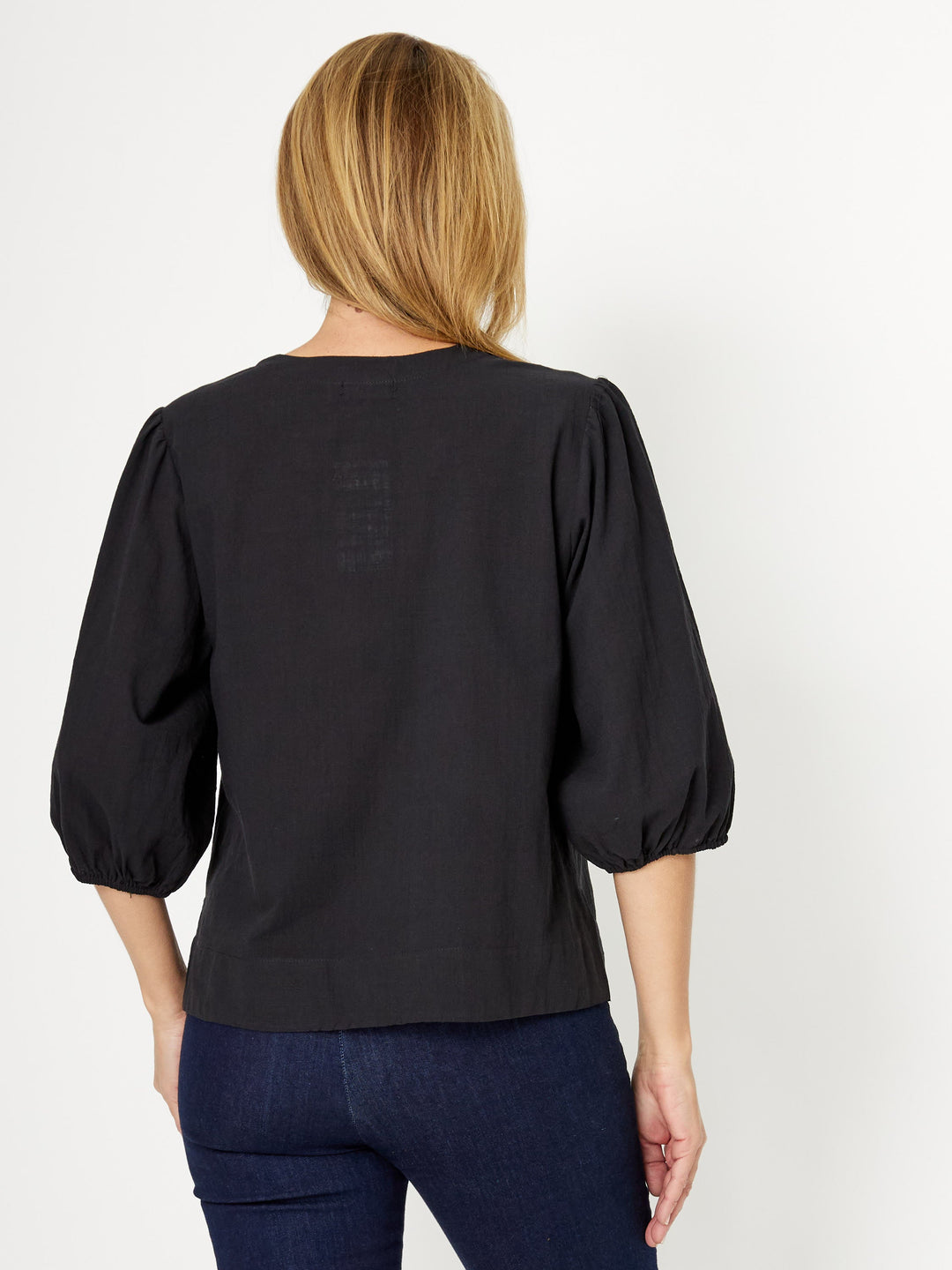 Cotton Balloon Sleeve V Shirt-- Black - 31993