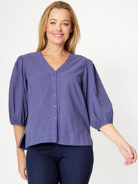 Cotton Balloon Sleeve V Shirt--Ink - 31993