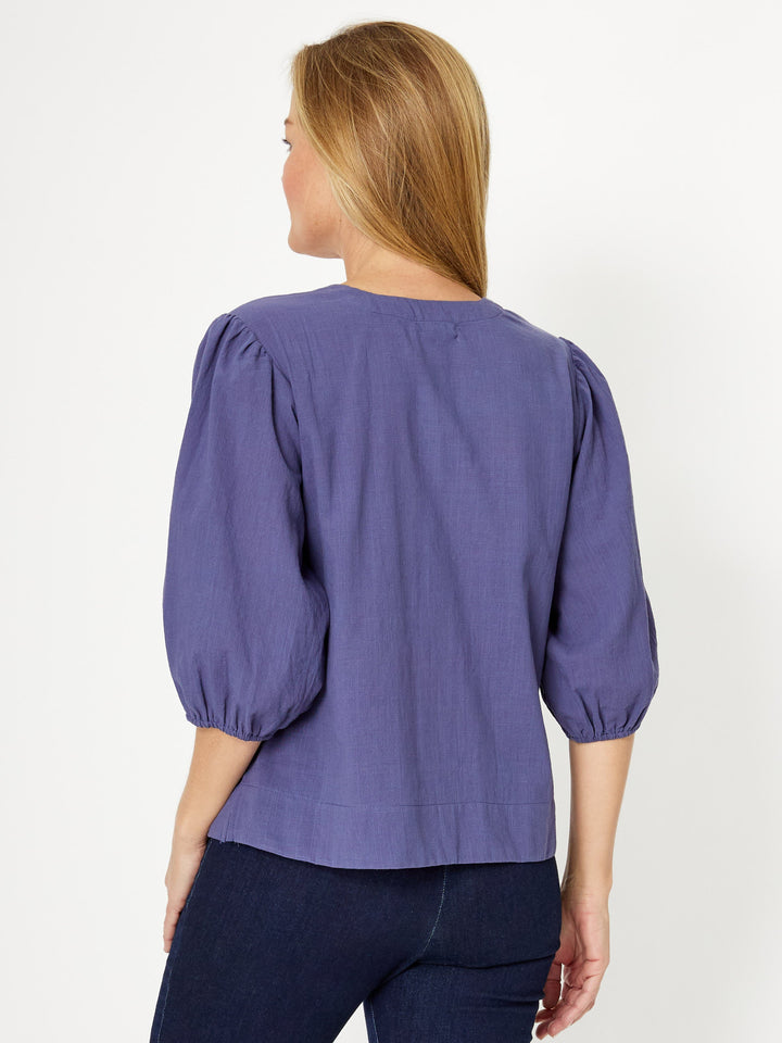 Cotton Balloon Sleeve V Shirt--Ink - 31993