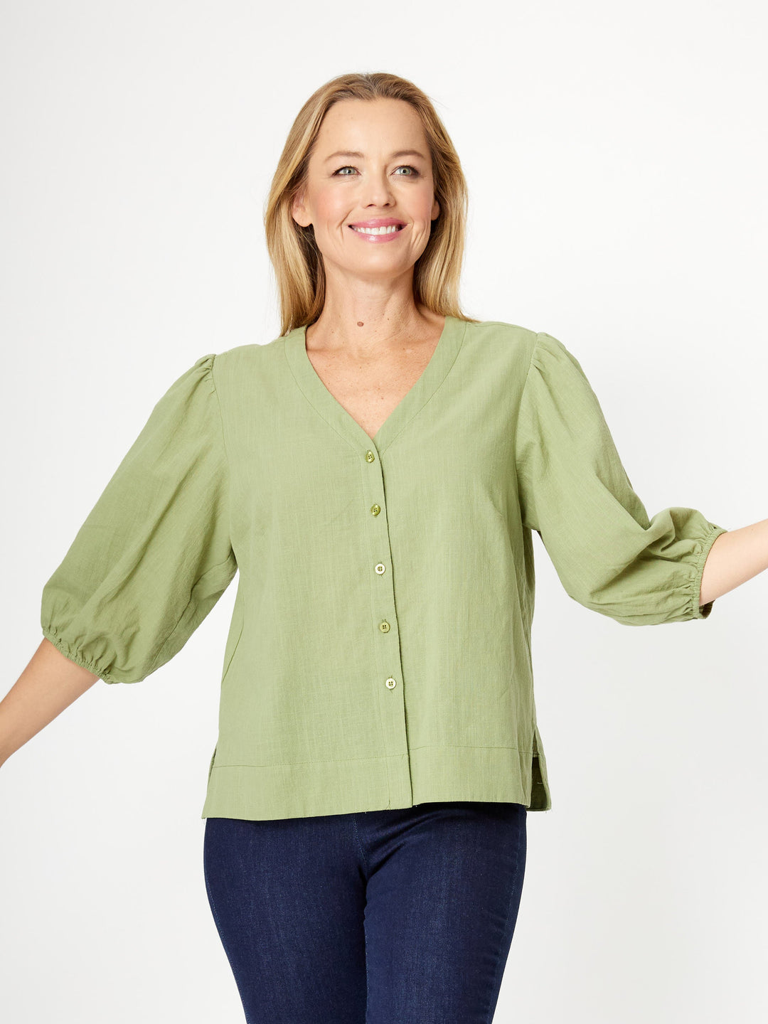 Cotton Balloon Sleeve V Shirt--Leaf- 31993