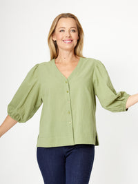 Cotton Balloon Sleeve V Shirt--Leaf- 31993