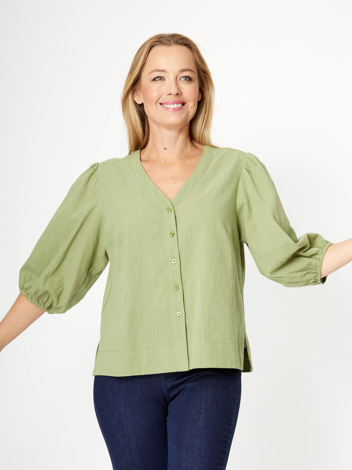 Cotton Balloon Sleeve V Shirt--Leaf- 31993