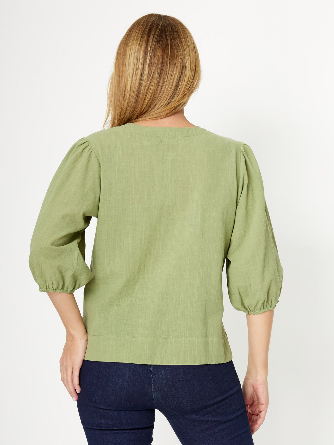 Cotton Balloon Sleeve V Shirt--Leaf- 31993