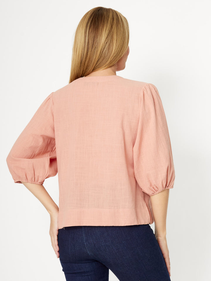 Cotton Balloon Sleeve V Shirt--Peach- 31993