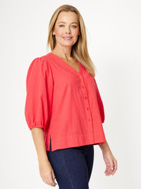 Cotton Balloon Sleeve V Shirt--Red- 31993