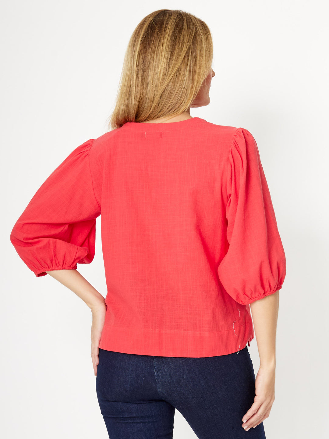 Cotton Balloon Sleeve V Shirt--Red- 31993
