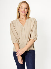 Cotton Balloon Sleeve V Shirt -Sand - 31993