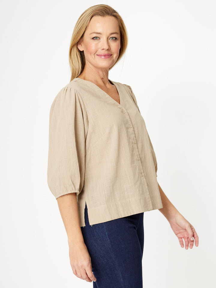 Cotton Balloon Sleeve V Shirt -Sand - 31993